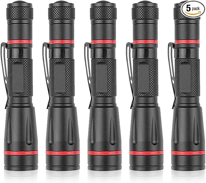5 Pack LED Flashlights, Handheld Pen Light Flashlight, Pocket Torch PenLight with Clip, Zoomable, Waterproof, Slim Led Pen Flashlight for Camping, Outdoor