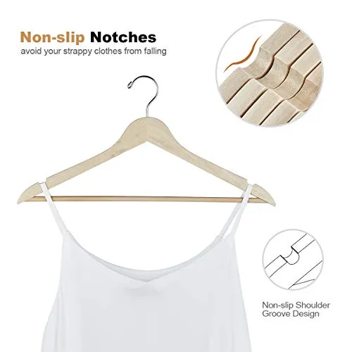 ELONG HOME Wooden Hangers, 30 Pack Slim Wood Coat Hangers with Extra Smooth Finish, Precisely Cut Notches and Chrome Swivel Hook, Wooden Clothes Hangers for Shirt Suit Jacket Dress, Natural