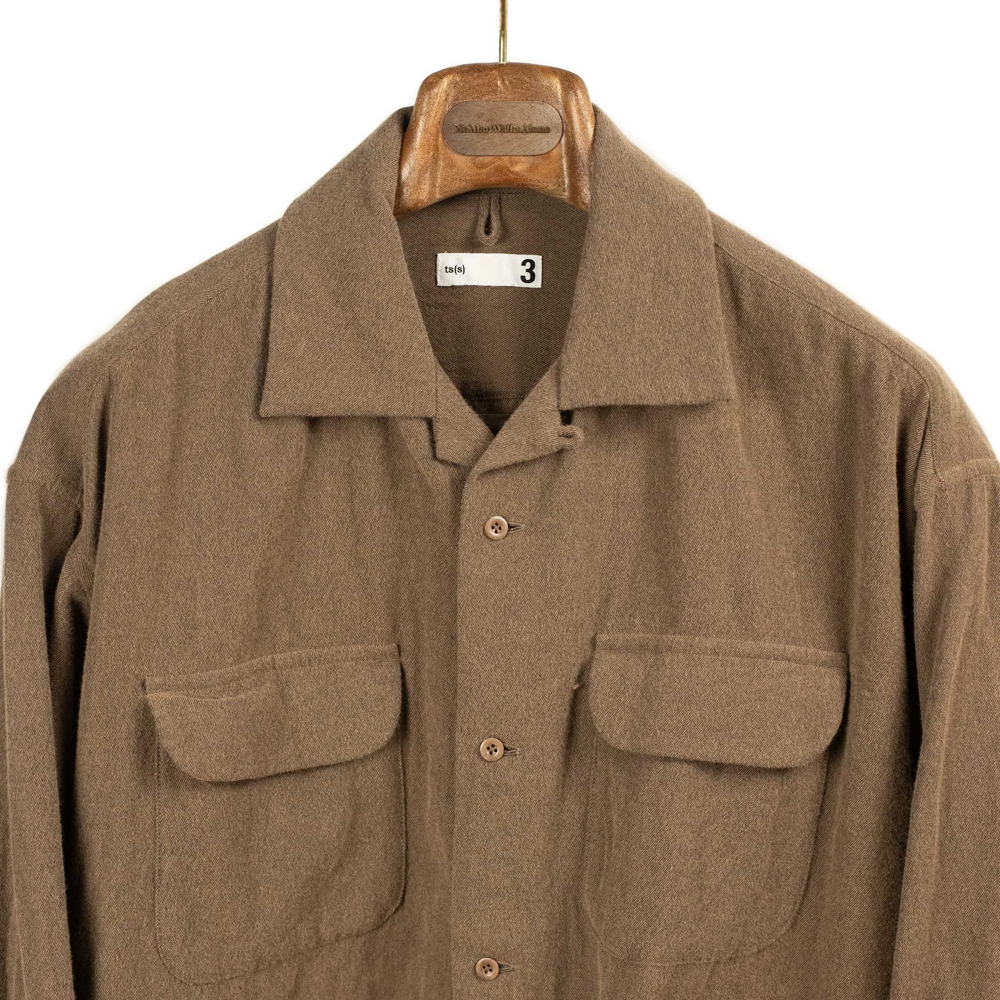 Open collar shirt in brown brushed wool and cotton twill