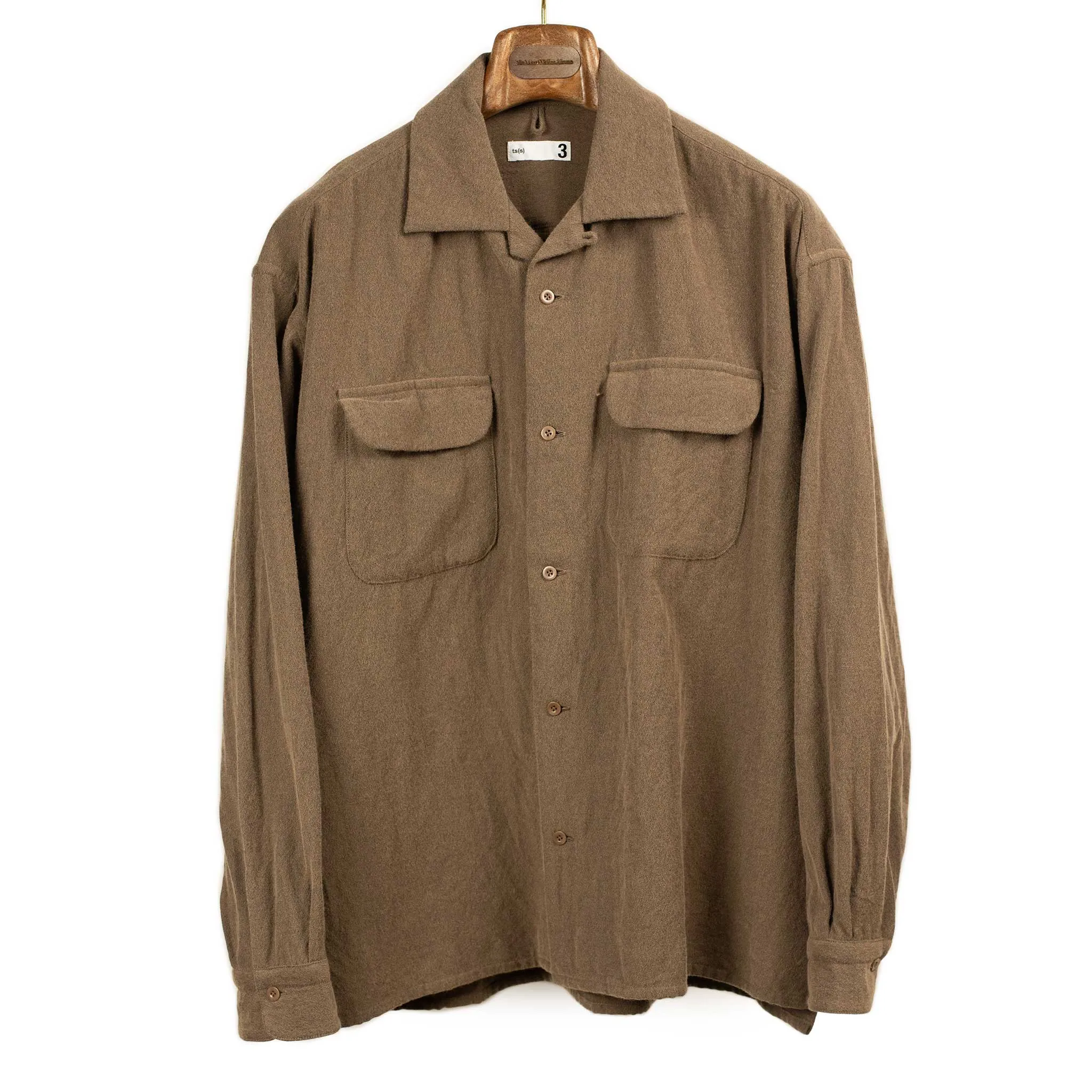 Open collar shirt in brown brushed wool and cotton twill