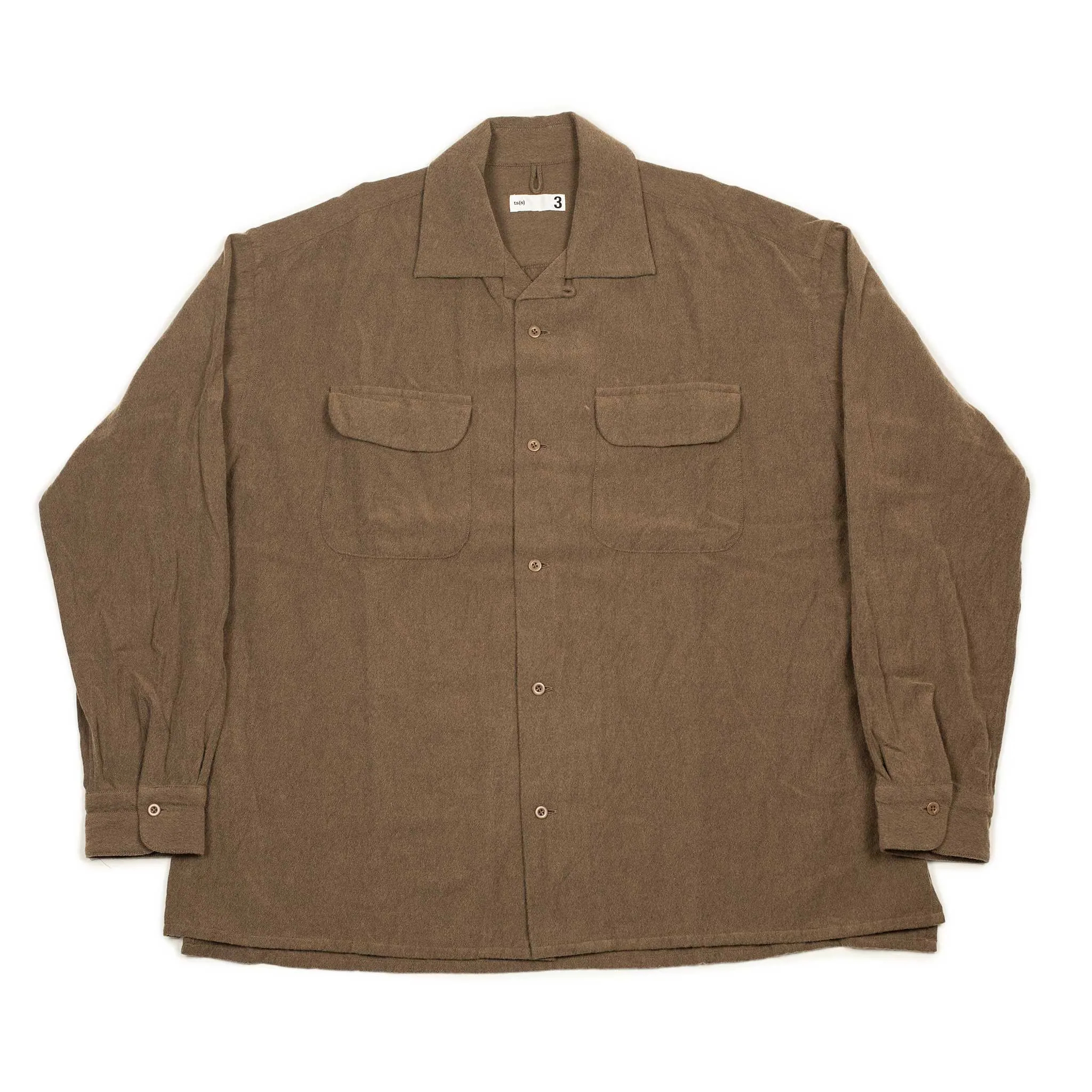 Open collar shirt in brown brushed wool and cotton twill