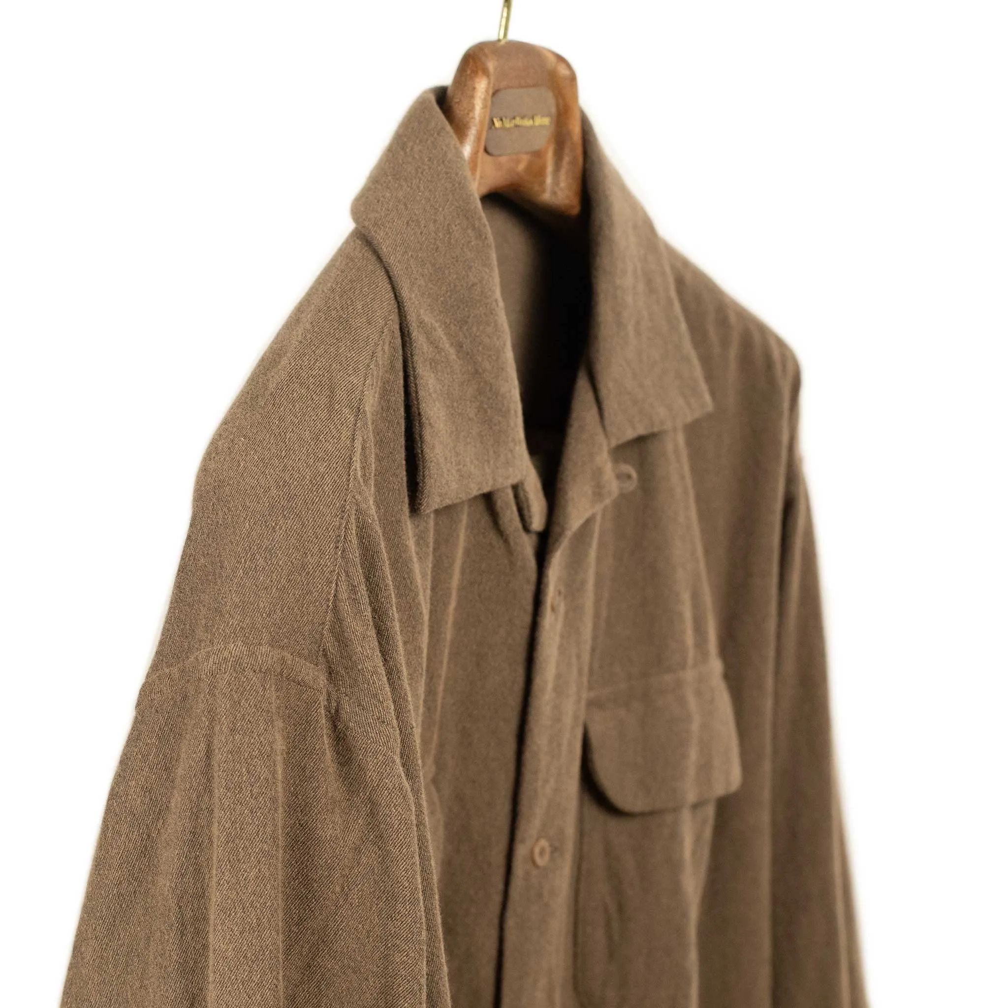 Open collar shirt in brown brushed wool and cotton twill