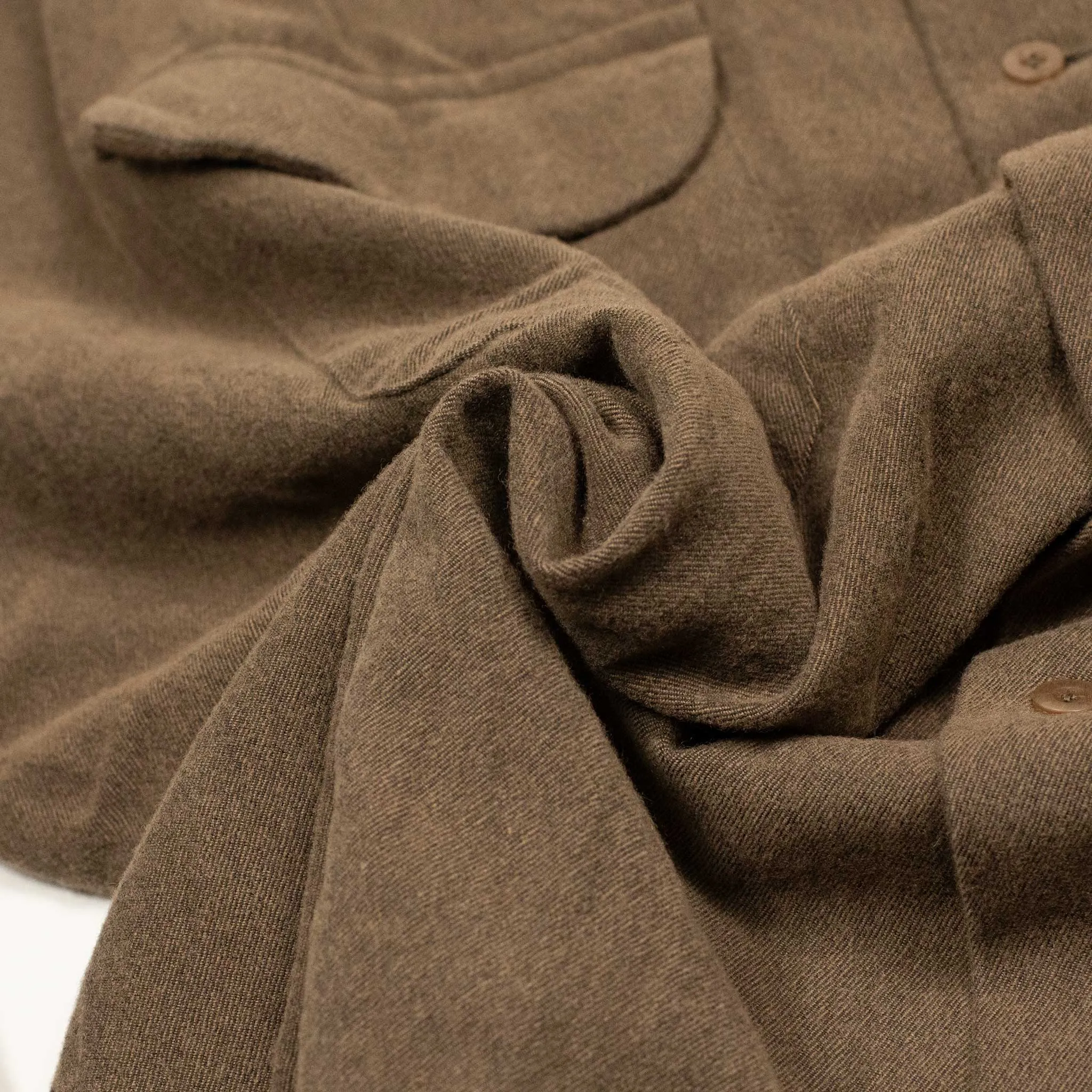 Open collar shirt in brown brushed wool and cotton twill